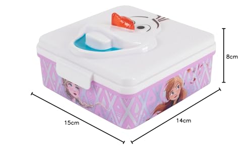 Fiambrera Infantil Frozen cu design 3D de Olaf pe capac, Cutie de Prânz din plastic cu un compartiment și închidere cu clip, dimensiuni aproximative 15 x 14 x 8 cm, culoare Roz-Alb (33873)