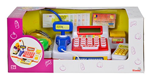 Simba 104525700 - Casă de marcat cu scanner, calculator, bandă de rulare, cititor de carduri, alimente, 16 monede, 13 bancnote, 36 luni - 8 ani