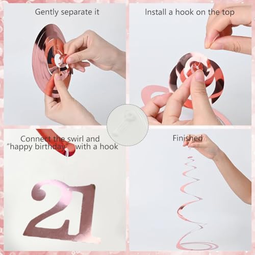 Decorațiuni pentru 21 de ani pentru ea, banner roșu-auriu pentru 21 de ani, decorațiuni de petrecere pentru 21 de ani, inclusiv banner, șir de steaguri, spirale suspendate, steaguri triunghiulare.