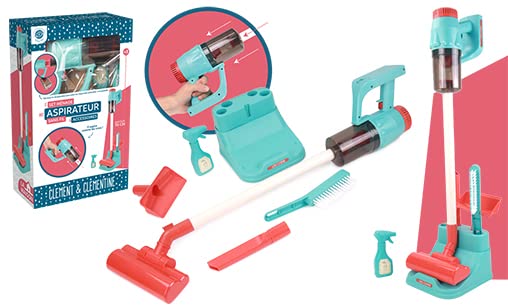 CLEMENT CLEMENTINE - Aspirator fără fir cu accesorii - Joc de imitare - 110401 - Albastru - Plastic - Acasă - Mătură - Jucărie pentru copii - Bateriile nu sunt incluse - 67 cm x 18 cm - Recomandat de la 3 ani