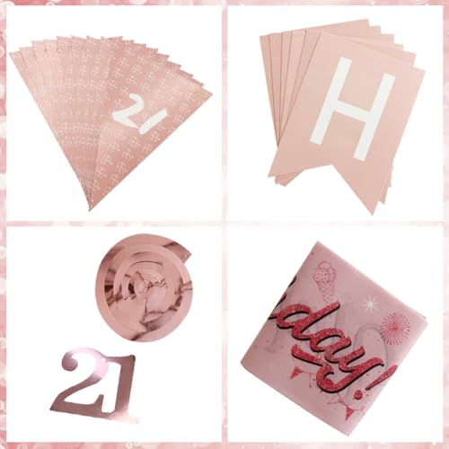 Decorațiuni pentru 21 de ani pentru ea, banner roșu-auriu pentru 21 de ani, decorațiuni de petrecere pentru 21 de ani, inclusiv banner, șir de steaguri, spirale suspendate, steaguri triunghiulare.
