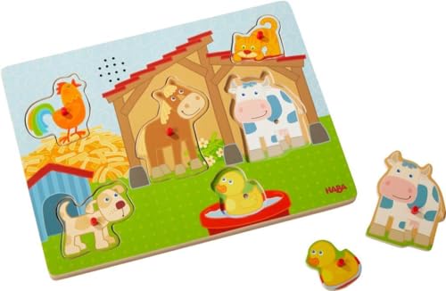 HABA Puzzle Sonor pentru Copii "Pe Teren", Puzzle pentru copii de la 2 ani cu motiv de viață la țară și animale de fermă, Sunete amuzante de animale pentru distracție suplimentară - 303179