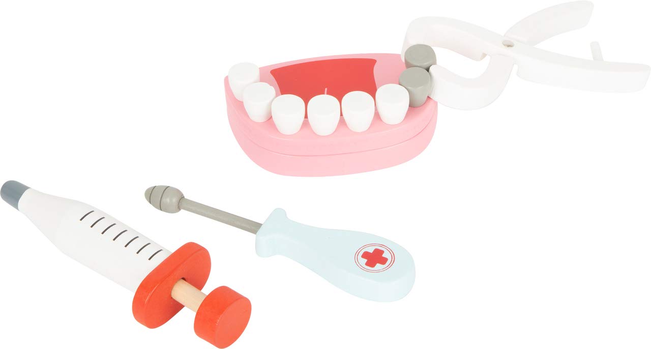 Trusa medicală de dentist din lemn Small Foot, cu seringă, stetoscop, dantură, jucărie de rol pentru copii de la 3 ani, 11743