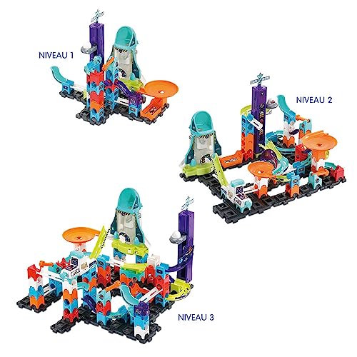 VTech - Marble Rush, Pista cu bile electronice, Set misiune magnetică spațială XL300E, joc magnetic, 120 piese, 10 bile, cadou pentru copii de la 4 ani – conținut în limba franceză
