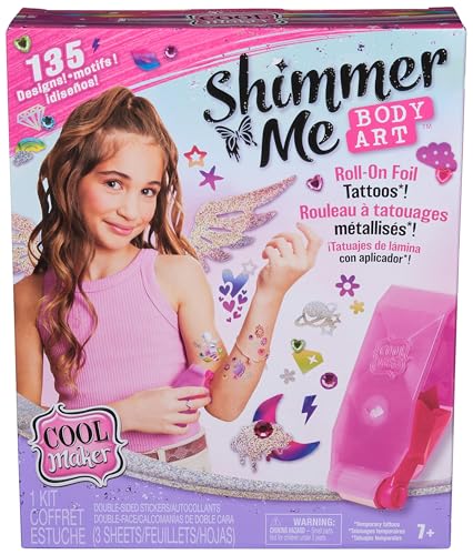 Cool MAKER Studio de Tatuaje Shimmer Me - Creează tatuaje strălucitoare cu folii metalice, cu 135 de modele de tatuaje și pietre decorative, pentru copii de la 7 ani.