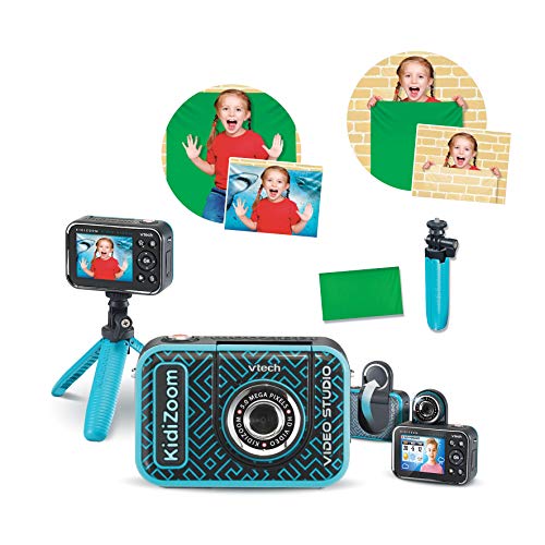 VTech Kidizoom Video Studio HD albastru – Cameră pentru copii cu Greenscreen, stativ, efecte, cameră pentru selfie și multe altele – Pentru copii de 5-12 ani