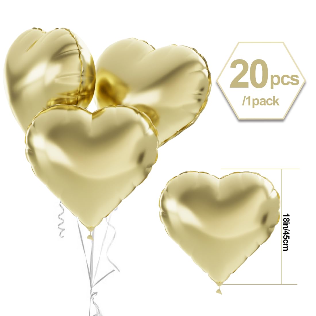 Baloane din folie în formă de inimă aurii - 20 bucăți, baloane cu heliu pentru aniversări, nunți și Ziua Îndrăgostiților.