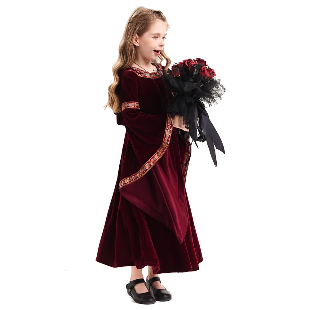 Costum Feynman pentru fete - Rochie medievală de prințesă, stil renascentist, pentru Halloween, roșu vin
