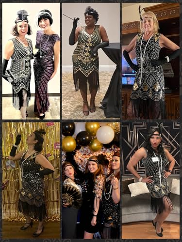 Rochie Flapper cu paiete și mărgele PLULON 1920, set accesorii anii '20 (neagră)