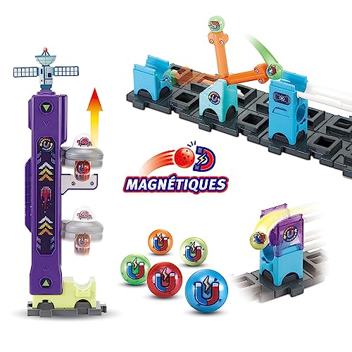 VTech - Marble Rush, Pista cu bile electronice, Set misiune magnetică spațială XL300E, joc magnetic, 120 piese, 10 bile, cadou pentru copii de la 4 ani – conținut în limba franceză