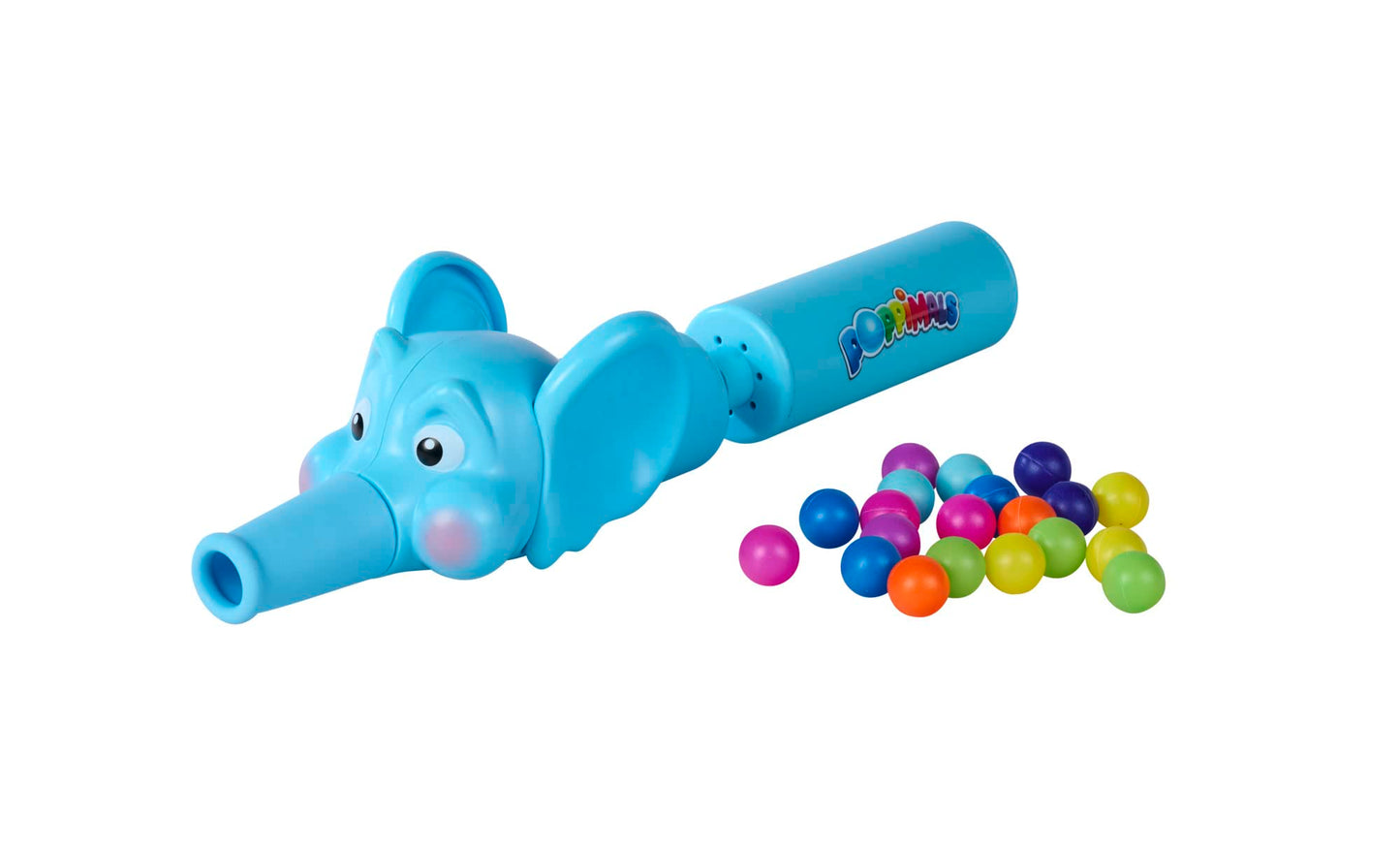 Poppimals Elefant Ballkanone (35 cm) - jucărie amuzantă pentru copii de la 3 ani, cu 20 de mingi colorate și mecanism de pompare.