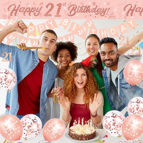 Decorațiuni pentru 21 de ani pentru ea, banner roșu-auriu pentru 21 de ani, decorațiuni de petrecere pentru 21 de ani, inclusiv banner, șir de steaguri, spirale suspendate, steaguri triunghiulare.
