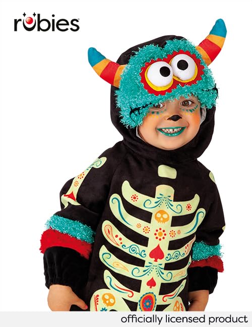 Costum de monstrulet Catrina pentru băieți și fete, mărimea bebeluș 1-2 ani, salopetă cu velcro, căciuliță cu ochi mari pentru Halloween, Carnaval, petreceri și cosplay.