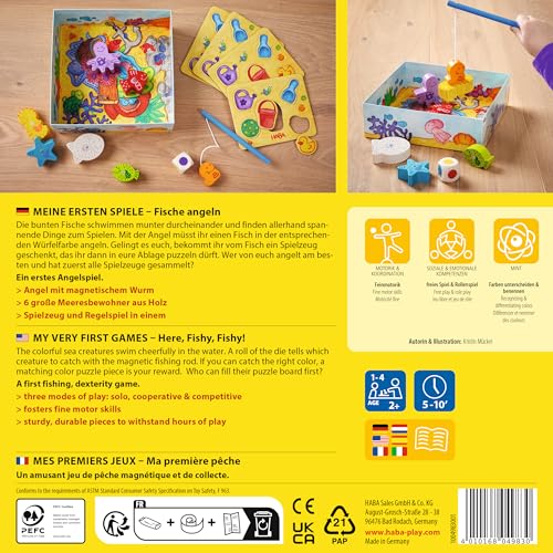 HABA Pești de prins – Primele mele jocuri – Joc de pescuit din lemn pentru copii de la 2 ani – Dezvoltă motricitatea fină, jocul liber, învățarea și diferențierea culorilor – 1004983001