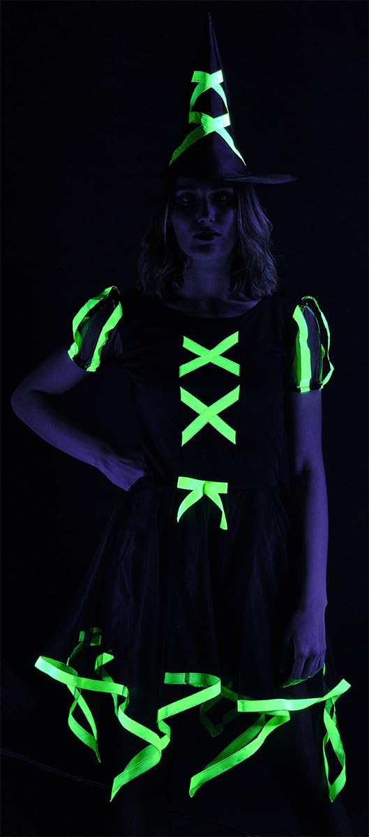 Costum de vrăjitoare Cuca Neon pentru femei, rochie și pălărie, culoare verde, oficial Rubies pentru Halloween, carnaval, petreceri și cosplay.