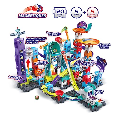 VTech - Marble Rush, Pista cu bile electronice, Set misiune magnetică spațială XL300E, joc magnetic, 120 piese, 10 bile, cadou pentru copii de la 4 ani – conținut în limba franceză