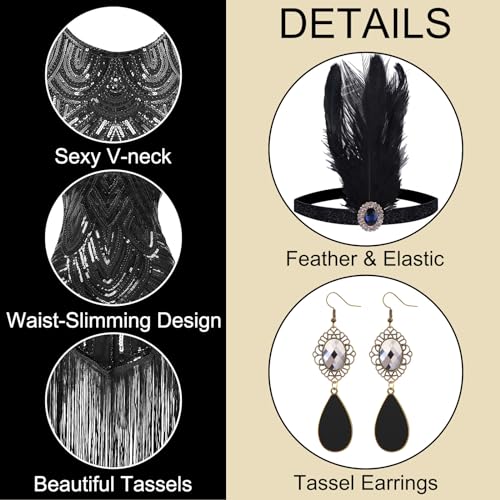 Rochie Flapper cu paiete și mărgele PLULON 1920, set accesorii anii '20 (neagră)