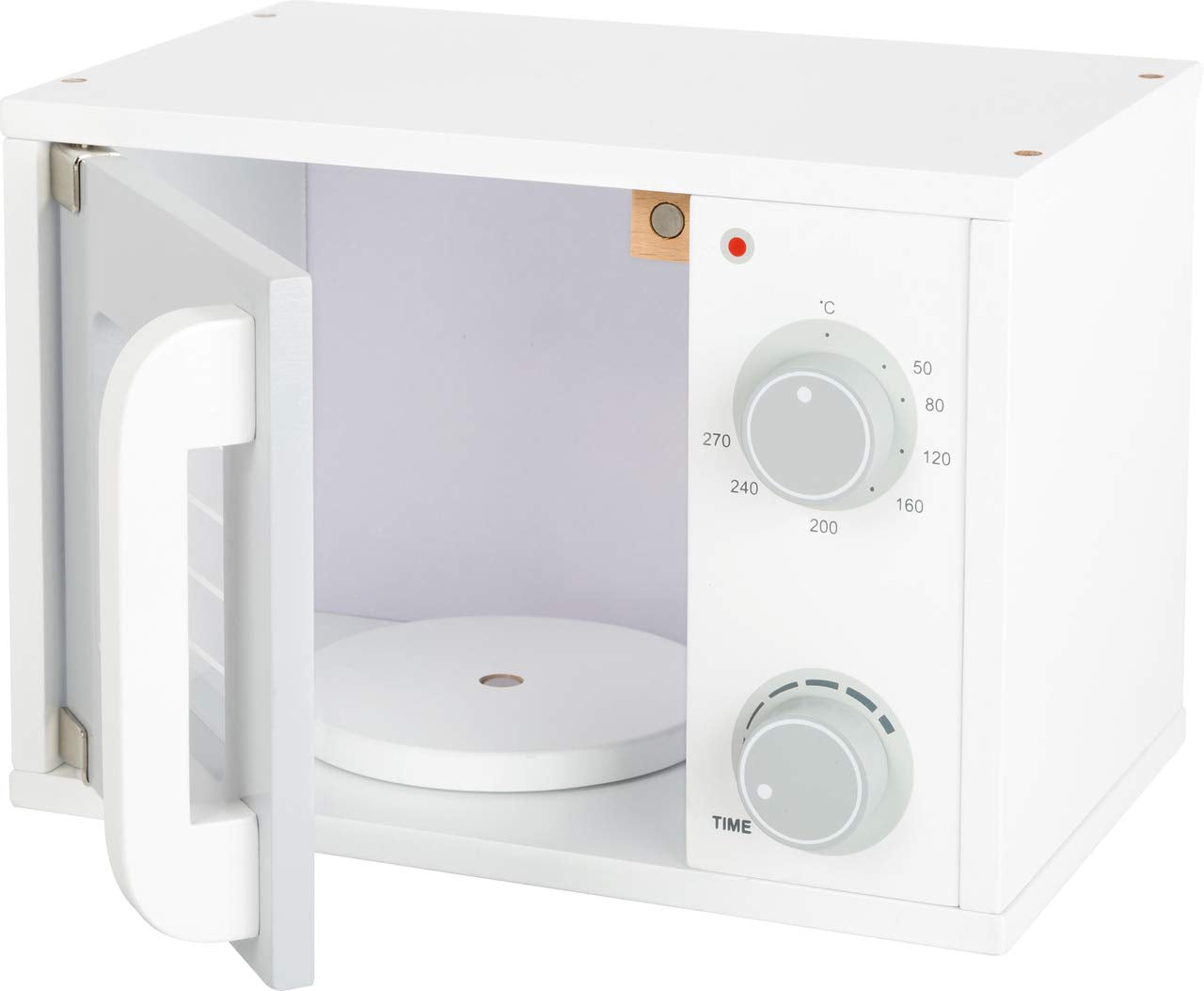 Microunde din lemn pentru copii Small Foot, cu butoane rotative și ușă cu închidere magnetică, recomandată de la 3 ani, 11184, multicolor.