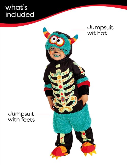Costum de monstrulet Catrina pentru băieți și fete, mărimea bebeluș 1-2 ani, salopetă cu velcro, căciuliță cu ochi mari pentru Halloween, Carnaval, petreceri și cosplay.