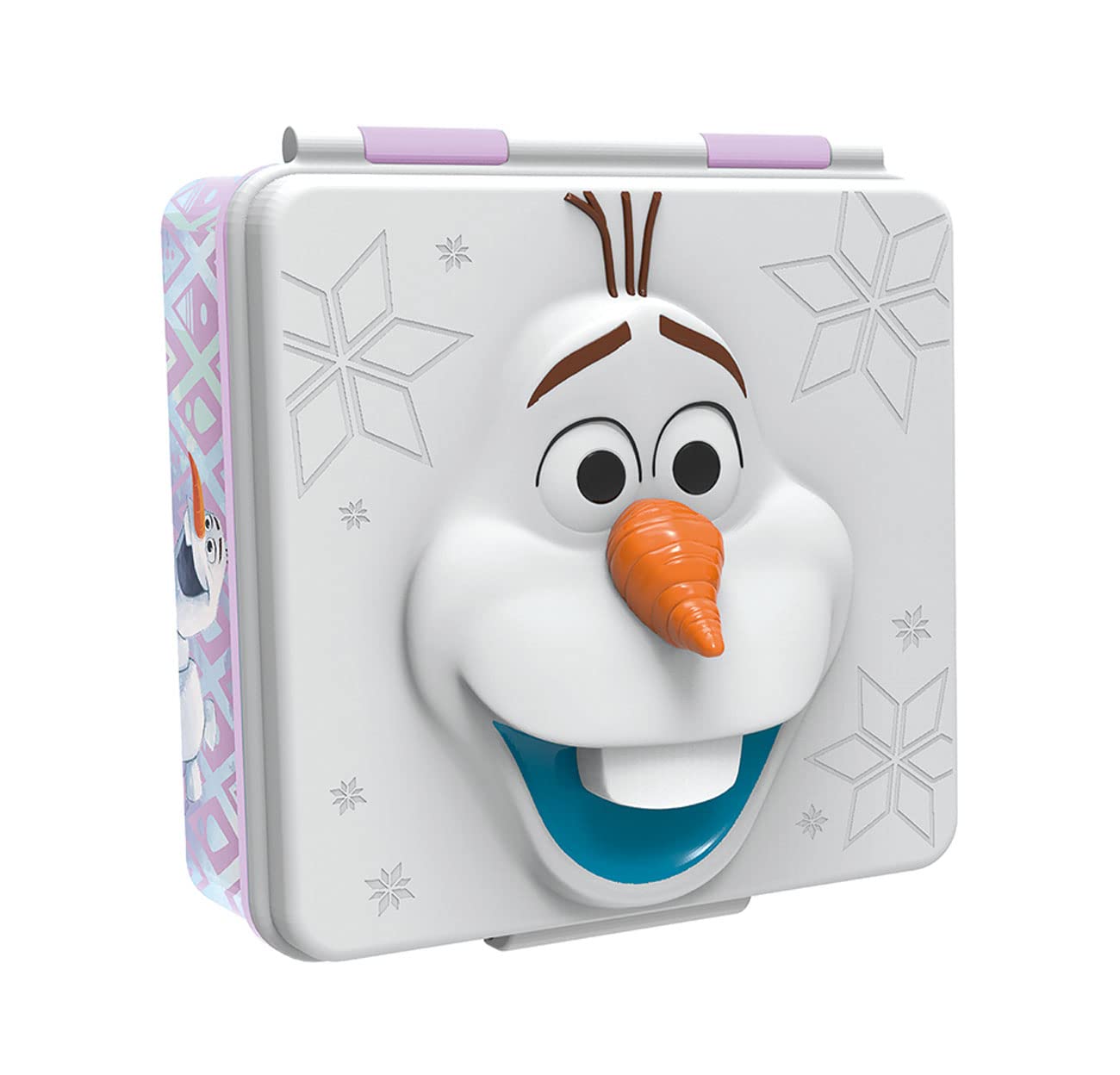 Fiambrera Infantil Frozen cu design 3D de Olaf pe capac, Cutie de Prânz din plastic cu un compartiment și închidere cu clip, dimensiuni aproximative 15 x 14 x 8 cm, culoare Roz-Alb (33873)