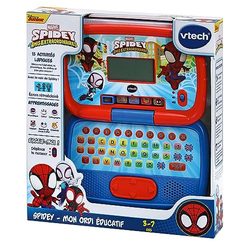 VTech Disney Junior Spidey, computer de învățare pentru copii cu iluminare de fundal, 15 activități și jocuri educaționale, cadou pentru copii de 3-7 ani – conținut în limba franceză