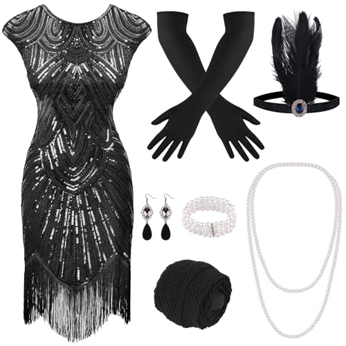 Rochie Flapper cu paiete și mărgele PLULON 1920, set accesorii anii '20 (neagră)