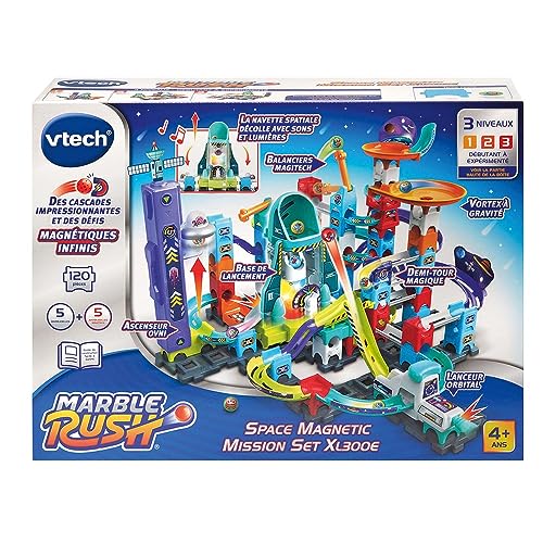 VTech - Marble Rush, Pista cu bile electronice, Set misiune magnetică spațială XL300E, joc magnetic, 120 piese, 10 bile, cadou pentru copii de la 4 ani – conținut în limba franceză