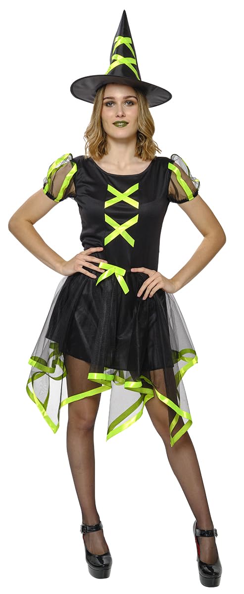 Costum de vrăjitoare Cuca Neon pentru femei, rochie și pălărie, culoare verde, oficial Rubies pentru Halloween, carnaval, petreceri și cosplay.