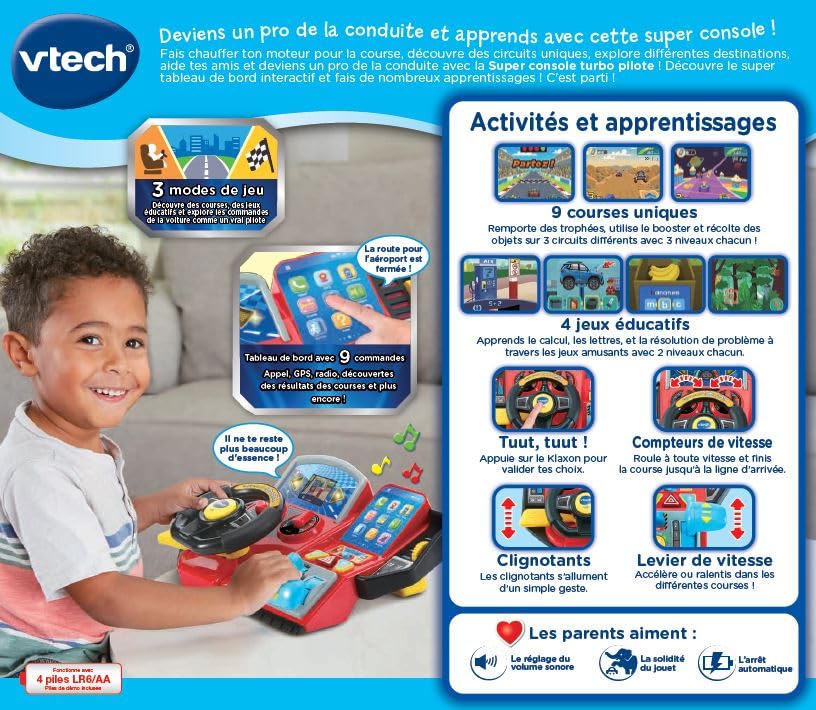 VTech - Super Turbo-Konsole, simulator de condus cu display colorat, curse auto, învățare și jocuri, cadou pentru copii 3-8 ani – conținut în limba franceză