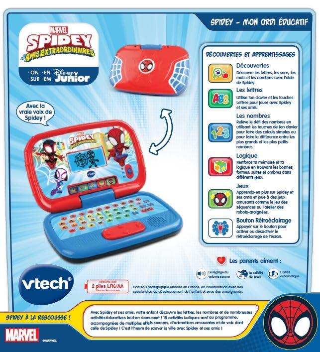 VTech Disney Junior Spidey, computer de învățare pentru copii cu iluminare de fundal, 15 activități și jocuri educaționale, cadou pentru copii de 3-7 ani – conținut în limba franceză