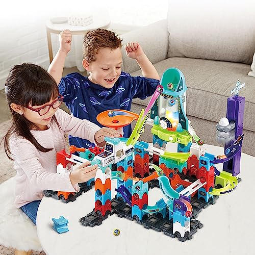 VTech - Marble Rush, Pista cu bile electronice, Set misiune magnetică spațială XL300E, joc magnetic, 120 piese, 10 bile, cadou pentru copii de la 4 ani – conținut în limba franceză