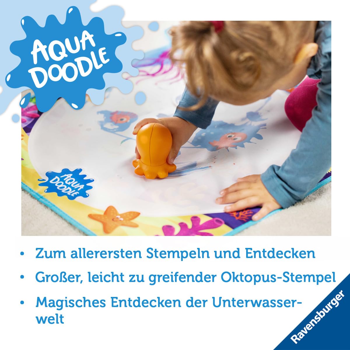 Ravensburger 4568 Aquadoodle Magic Ocean - Stamping și explorare fără pete cu apă - Set de ștampile cu covor magic pentru bebeluși de la 12 luni, jucărie pentru copii de la 1 an