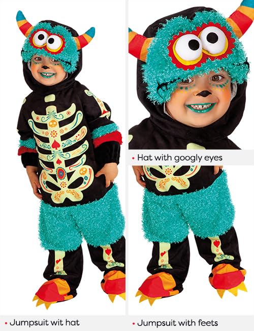Costum de monstrulet Catrina pentru băieți și fete, mărimea bebeluș 1-2 ani, salopetă cu velcro, căciuliță cu ochi mari pentru Halloween, Carnaval, petreceri și cosplay.