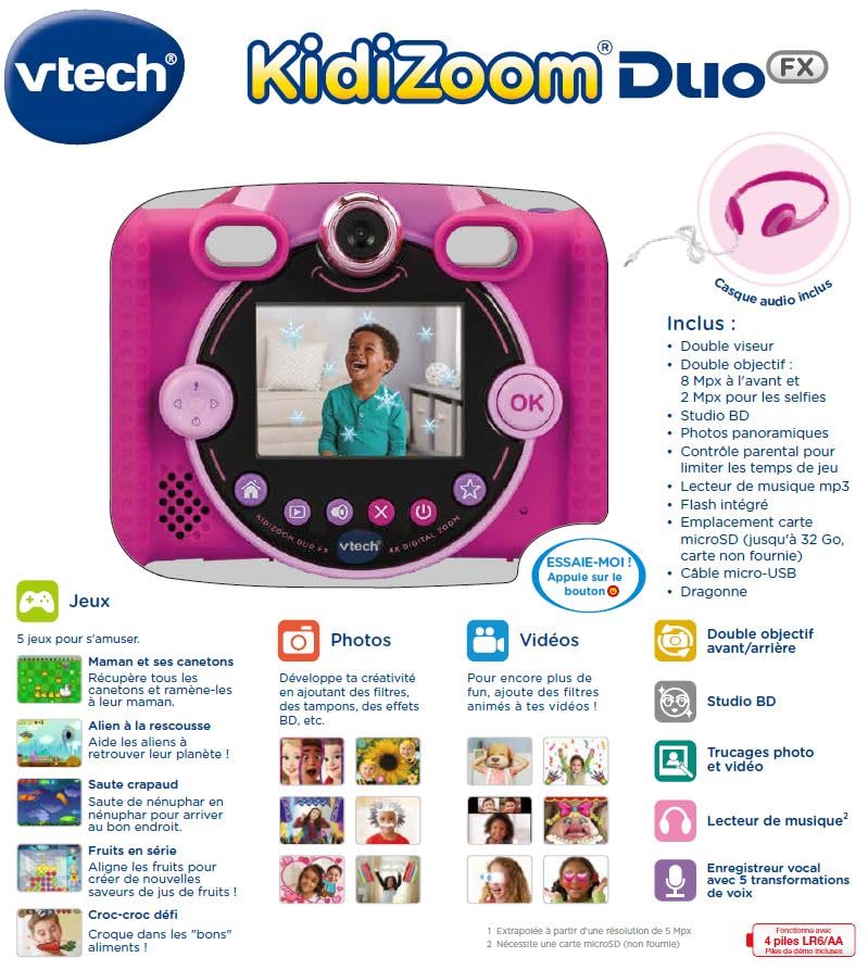VTech KidiZoom Duo FX Roz, cameră digitală pentru copii, foto, selfie, video, display color, studio de benzi desenate, filtre și efecte amuzante, cadou pentru copii de 4-12 ani