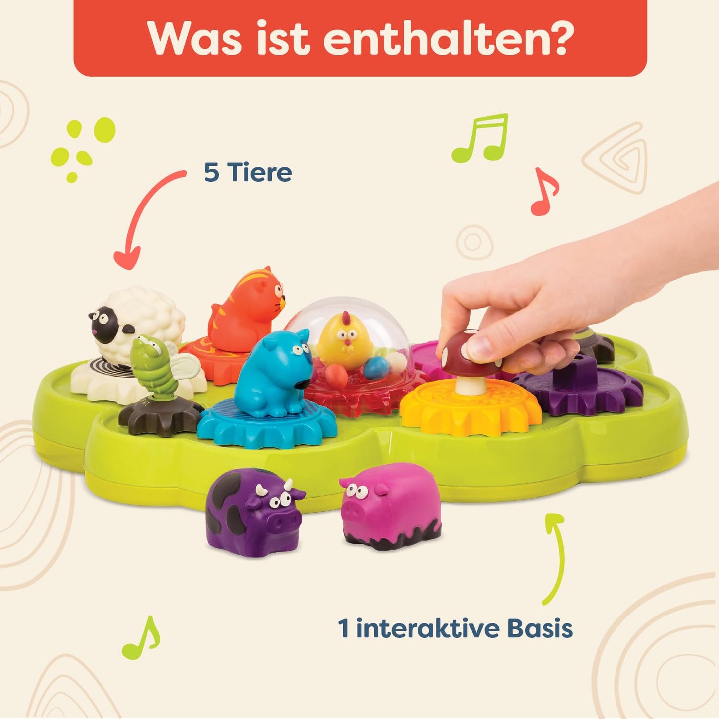 B. toys Joc de montaj cu roți dințate, animale de fermă, lumini și muzică – Jucărie pentru dezvoltarea motricității, jucărie educativă pentru copii și bebeluși de la 18 luni.