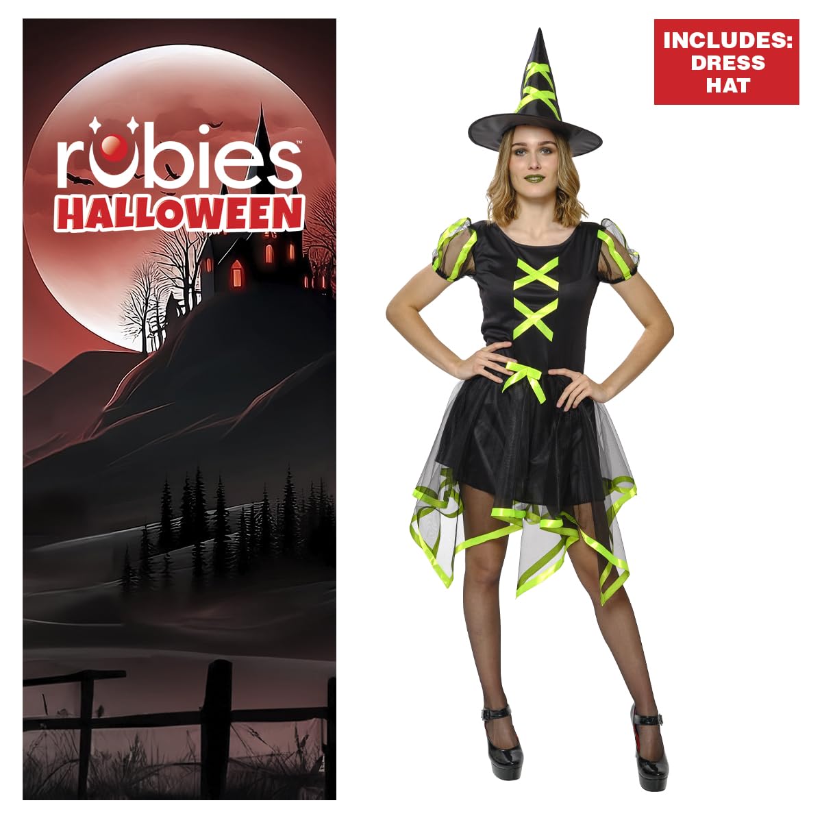 Costum de vrăjitoare Cuca Neon pentru femei, rochie și pălărie, culoare verde, oficial Rubies pentru Halloween, carnaval, petreceri și cosplay.