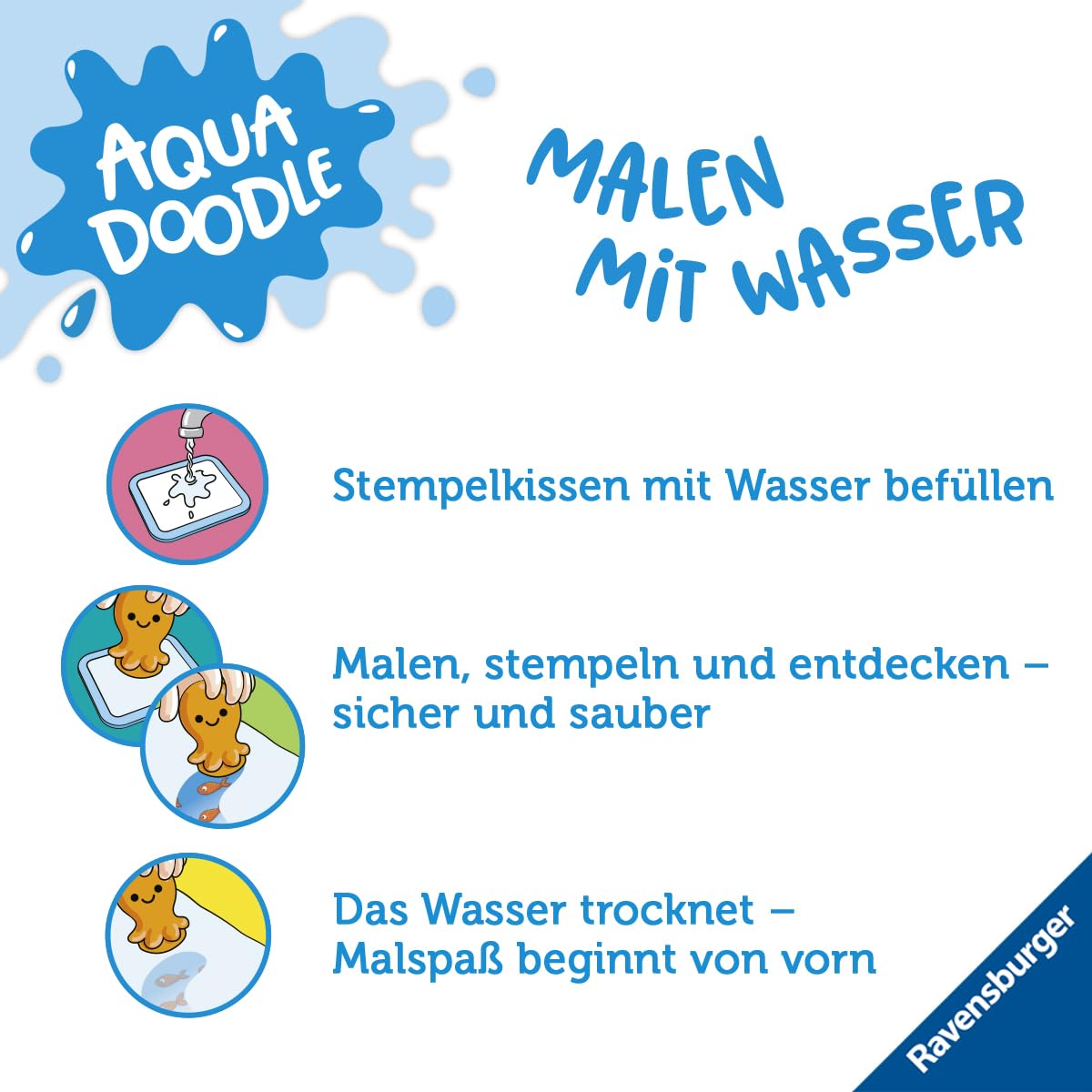 Ravensburger 4568 Aquadoodle Magic Ocean - Stamping și explorare fără pete cu apă - Set de ștampile cu covor magic pentru bebeluși de la 12 luni, jucărie pentru copii de la 1 an
