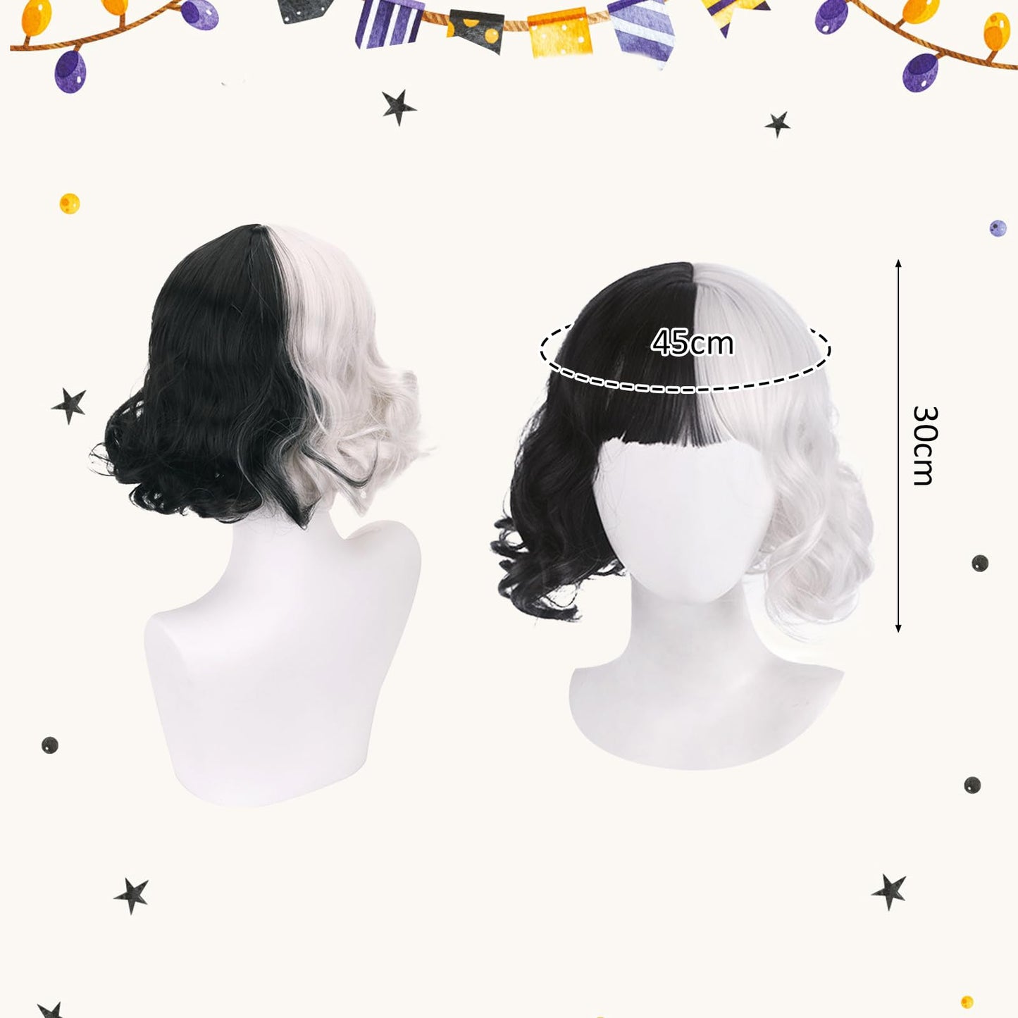 Peruca Cruella Deville pentru copii - jumătate neagră, jumătate albă, scurtă, cu agrafă, ideală pentru cosplay, Halloween, carnaval și petreceri tematice.