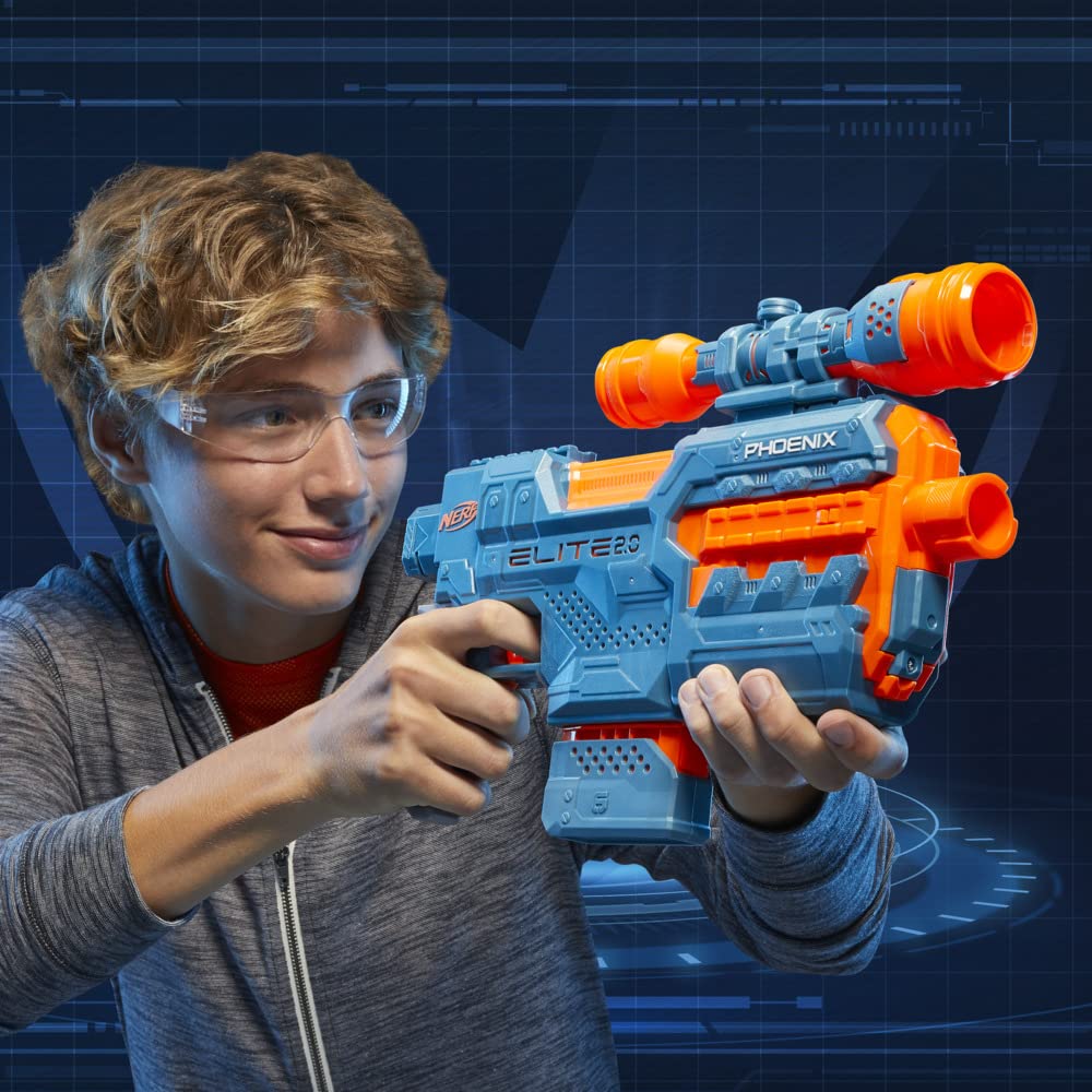 Blaster Nerf Elite 2.0 Phoenix CS-6 cu motor, 12 săgeți Nerf, lunetă, magazie cu clip, opțiuni de extindere