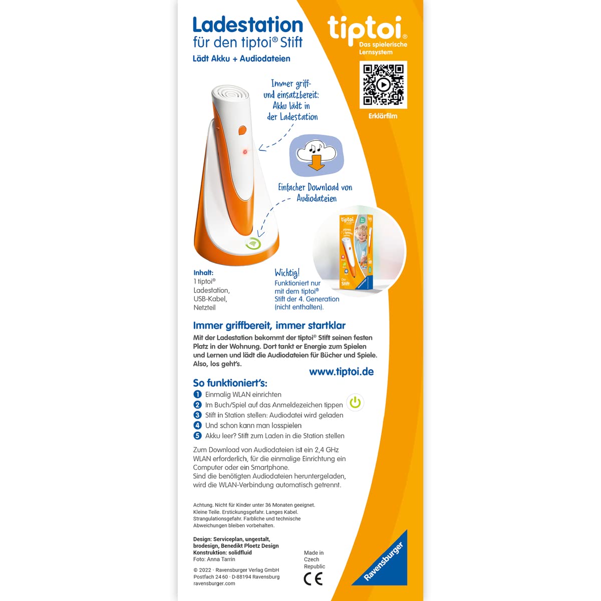 Ravensburger tiptoi Ladestation 00111 - Încărcător pentru acumulator și fișiere audio, stație de încărcare pentru stiloul tiptoi, accesorii tiptoi