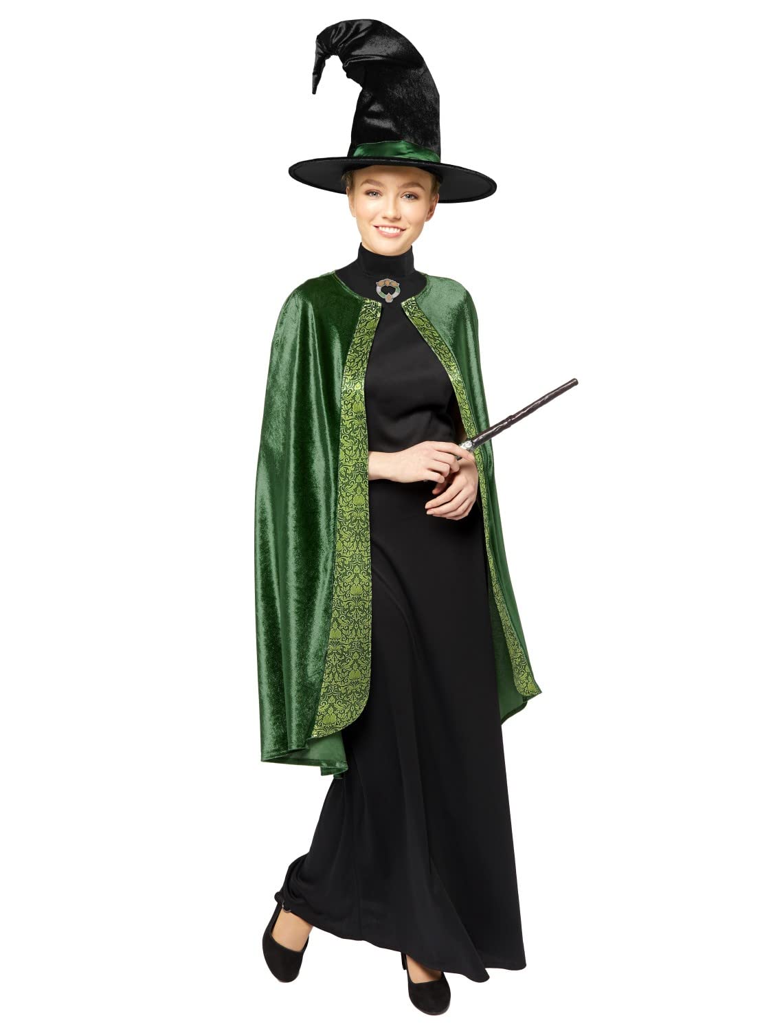 Amscan - Costum pentru adulți Profesor McGonagall din Harry Potter, Rochie, Pelerină, Pălărie, Magiciană, Vrăjitoare, Negru, Verde