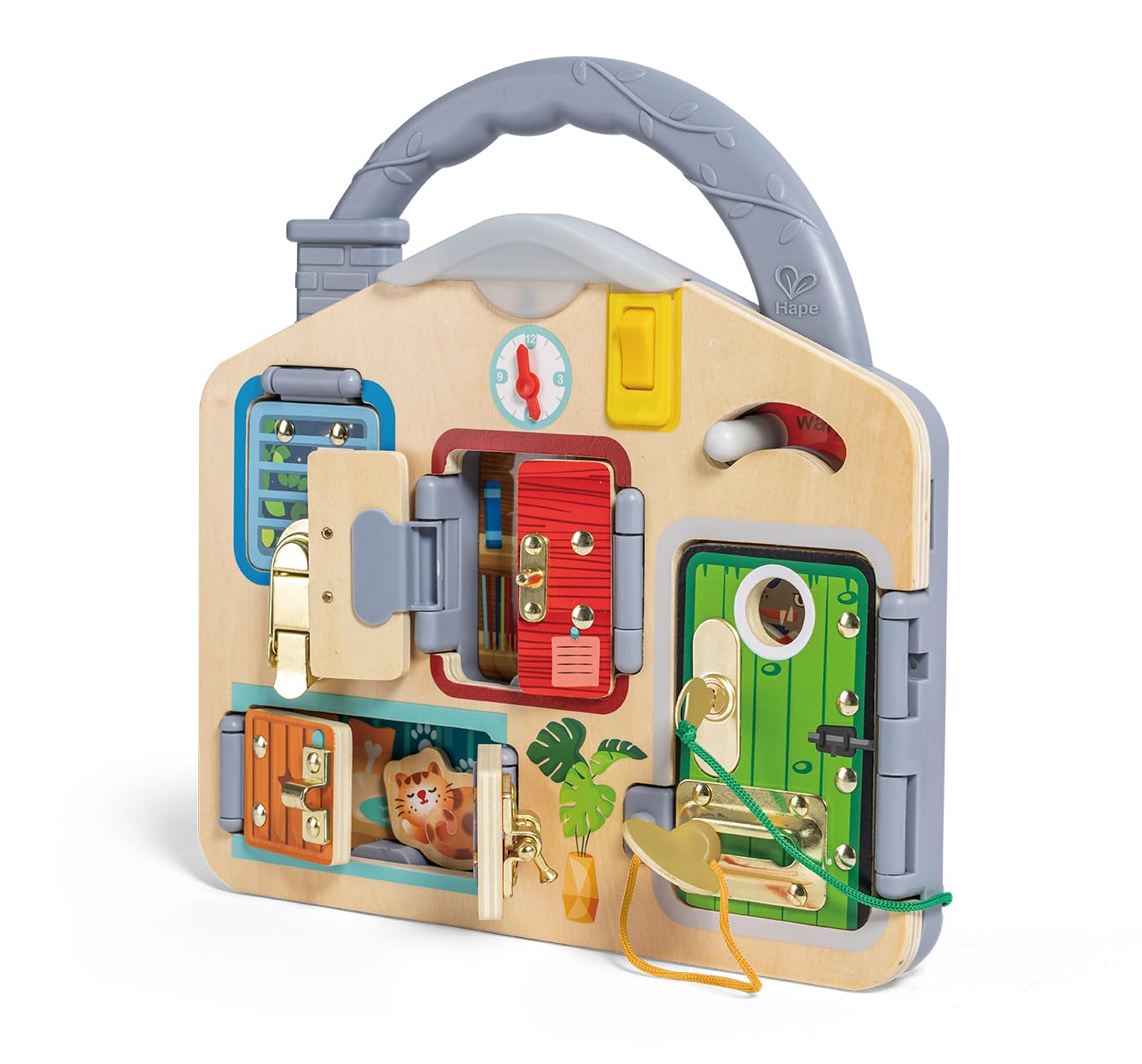 Placa activa din lemn HaPe International - Blocați și învățați, Joc de Motricitate, Jucărie Educațională, de la 3 Ani