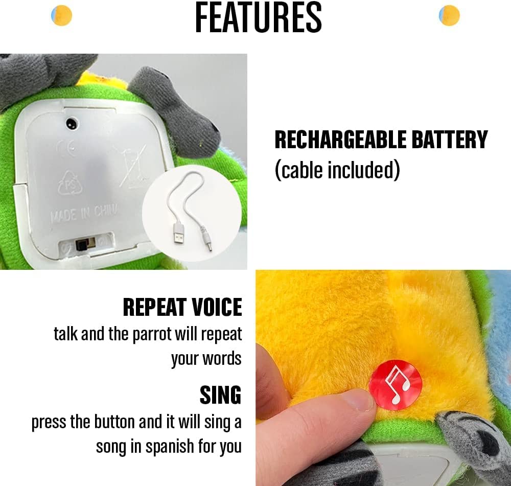 MAGIC SELECT Papagal de Pluș Vorbitor care Repetă Sunete și Cântece în Diverse Limbi. Jucărie Interactivă, Cadou pentru Copii și Bebeluși. Baterie Reîncărcabilă USB.