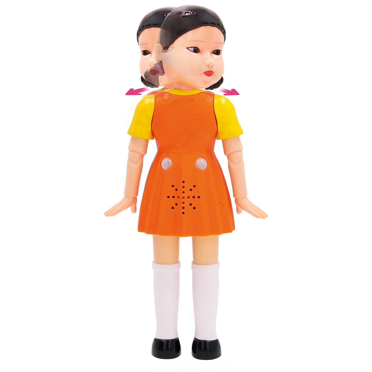 Puppet Young-Hee din Squid Game, seria Netflix, cu jocuri de lumină roșie și verde, păpușă electronică cu senzori de mișcare și ochi luminoși, joc pentru adulți de la 17 ani.