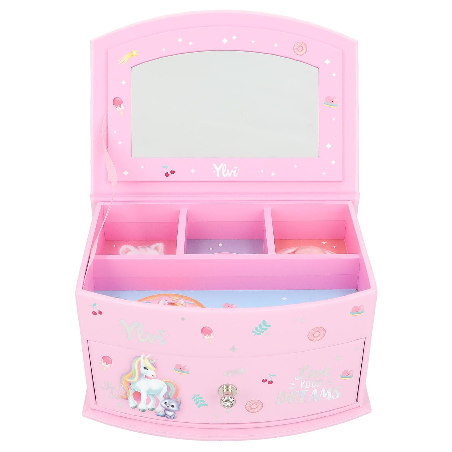 Depesche 13203 Ylvi - Cutie mică pentru bijuterii roz, cu motiv de unicorn și model, cutie de bijuterii cu capac pliabil și oglindă