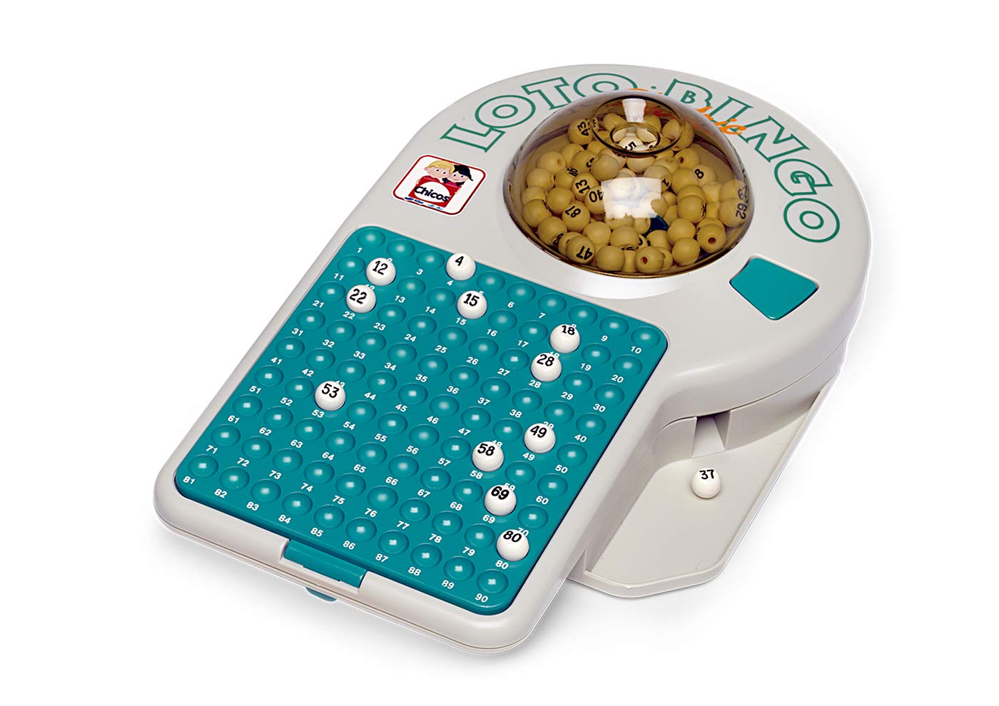Chicos - Bingo Loterie Electronică 24 Cartoane și 90 Bile | Joc de Masă pentru Familie | Include Fise și Cartoane de Joc, Alb și Verde (22302)