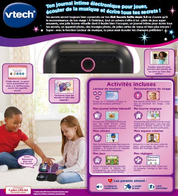 VTech KidiSecrets Selfie Music 2.0 Negru – Jurnal electronic cu recunoaștere facială – 6-12 ani – Versiune FR