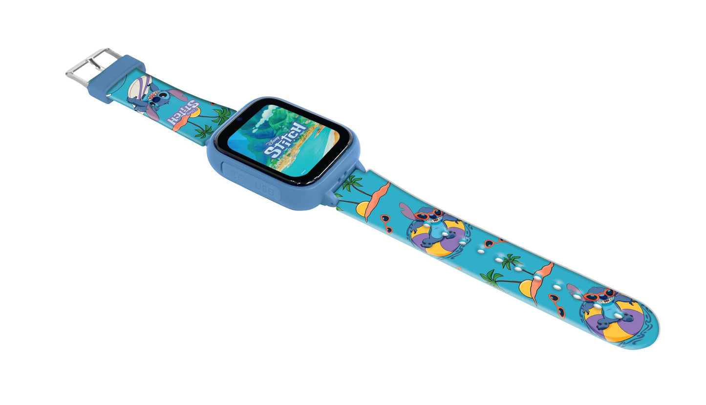 Ceas cu cameră selfie Disney Stitch Lexibook DMW070D, touchscreen HD, cameră 720p, player MP3, difuzor integrat, dictafon, pedometru, 5 jocuri, albastru.