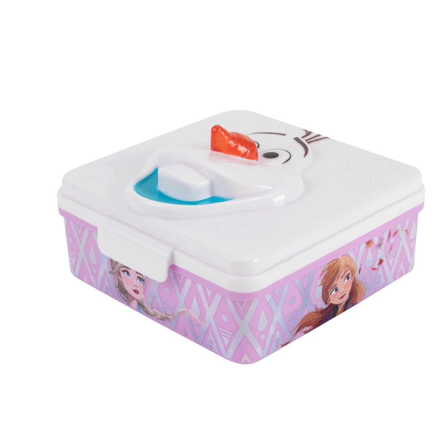 Fiambrera Infantil Frozen cu design 3D de Olaf pe capac, Cutie de Prânz din plastic cu un compartiment și închidere cu clip, dimensiuni aproximative 15 x 14 x 8 cm, culoare Roz-Alb (33873)