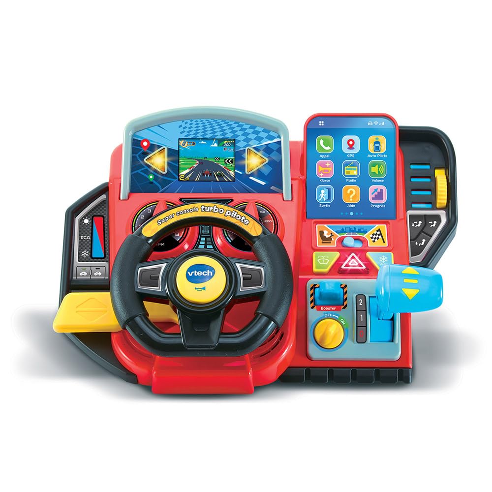 VTech - Super Turbo-Konsole, simulator de condus cu display colorat, curse auto, învățare și jocuri, cadou pentru copii 3-8 ani – conținut în limba franceză